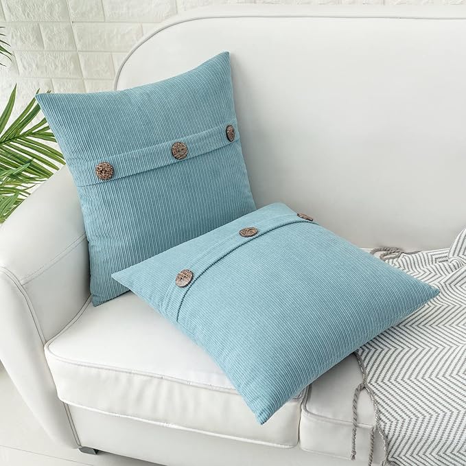HWY 50 Light Blue Chenille Throw Pillow Covers 18x18 Inch with Triple Buttons, Soft Farmhouse Accent Decorative Cushion Cases for Couch Sofa Bed Living Room Pack of 2