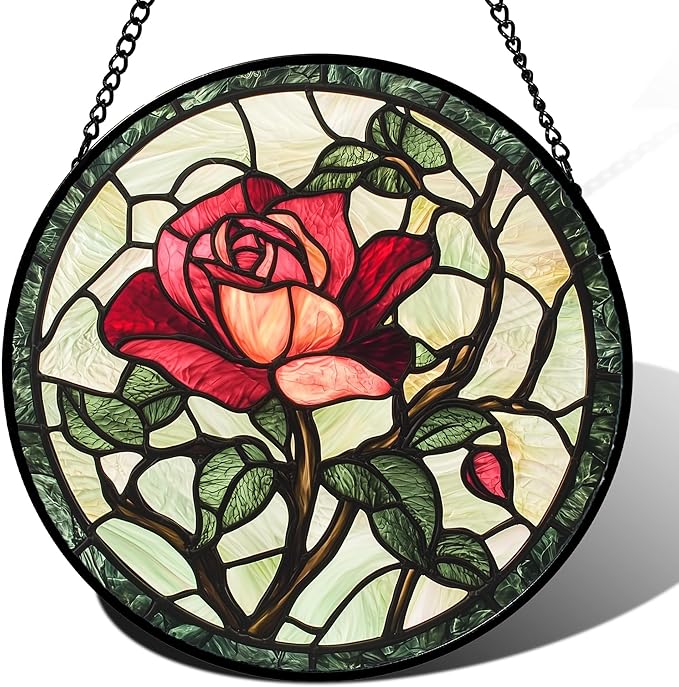 Stained Glass Window Hanging, Red Rose Flowers Sun Catcher for Door Garden Home Decor Suncatcher Christmas Mother's Day Birthday Gifts for Women Lovers Men Wife Girlfriend Mom Nana 15 in