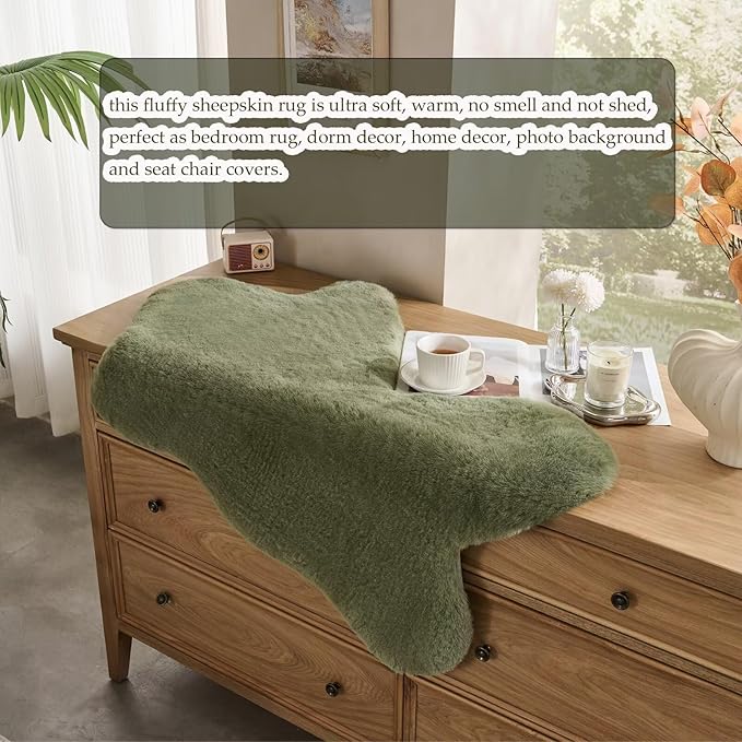 1700GSM Fuzzy Faux Sheepskin Fur Area Rug,Extra Soft Faux Fur Mat,Fluffy Shaggy Fur Rug for Bedroom Living Bedside Rug Room Decor-Sage Green, 2 x6 ft