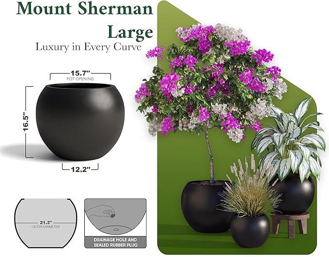 DTY Signature Mount Sherman 19.7''D x 21.7''H Modern Indoor Outdoor Fiberstone Sphere Planter, Durable Round Garden Pot, Weather Resistant, Drainage Hole & Rubber Plug - Large, Black