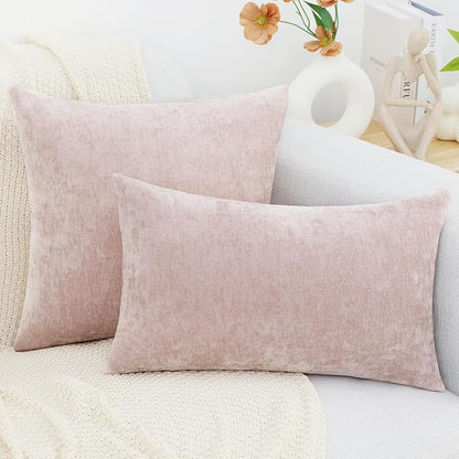 decorUhome Chenille Blush Pink Spring Throw Pillow Covers 18x18 Inch Set of 2, Decorative Soft Couch Pillow Covers Solid Dyed Accent Farmhouse Neutral Square Pillow Cases for Sofa
