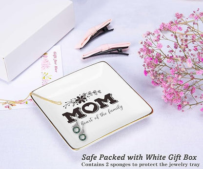 Mom Gifts for Mother's Day-Birthday Thanksgiving Christmas Gifts for Mother-Mom Life-Thank You Gift-Mom the Heart of the Family-Mother Appreciation Gift-Ceramic Jewelry Tray Trinket Holder Ring Dish