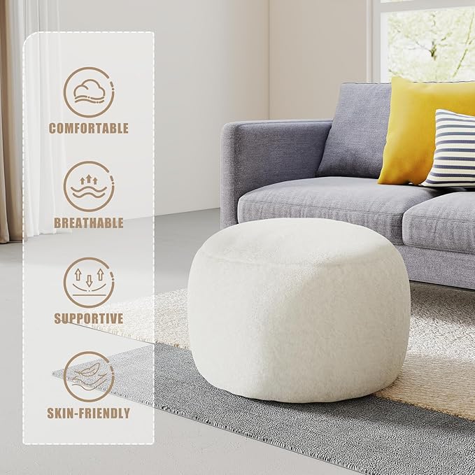 Round Stuffed Pouf Ottoman for Foot Rest, A Round Modern Foam Filled Poufs, Floor Chair for Living Room, Nursery, Dorm,Outdoor, A Soft Modern Foot Stool Perfect to Rest Your Feet (White, 20Inch)