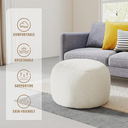 Round Stuffed Pouf Ottoman for Foot Rest, A Round Modern Foam Filled Poufs, Floor Chair for Living Room, Nursery, Dorm,Outdoor, A Soft Modern Foot Stool Perfect to Rest Your Feet (White, 20Inch)