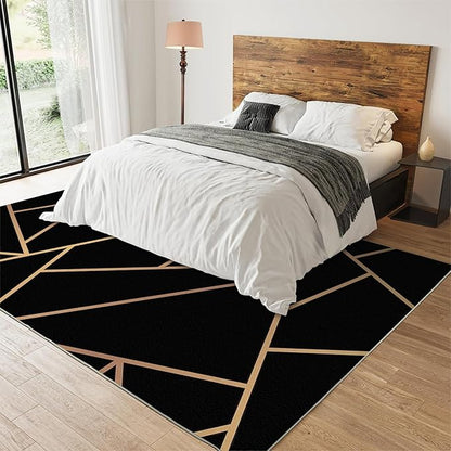 Nordic Black Gold Geometric Texture Area Rug, Abstract Golden Irregular Line Art Indoor Non-Slip Kids Rugs, Machine Washable Breathable Durable Carpet for Front Entrance Floor Decor,3 x 5ft