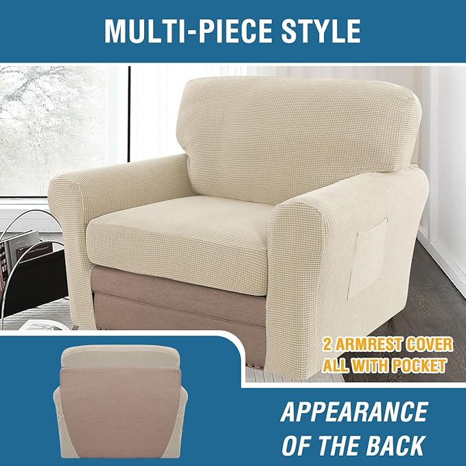 H.VERSAILTEX Multi-Pieces Chair Covers Stretch Couch Covers Form Fitted Seat and Back Cushions Covers (1 Seat Cover Plus 1 Back Cusion Cover, Bonus 2 Armrest Covers), Natural