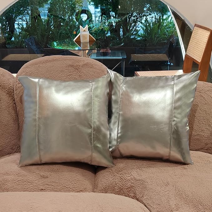 Faux Leather Throw Pillow Covers 18X18 Inch Silve Outdoor Modern Farmhouse Solid Decorative Pillow Covers for Room Couch Living Bedroom Bed Sofa