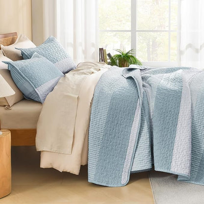 Litanika California King Quilt Set Spa Blue - Cal King Oversized Stripe Comforter Bedspreads & Coverlets - Soft Lightweight Quilted Bedding Set for All Season(1 Quilt, 2 Pillowcases)