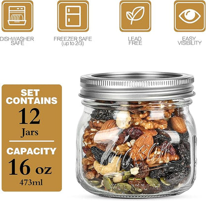 12PCS Wide Mouth Mason Jars 16oz with Airtight Lids and Bands, Canning Jars with Crystal Glass for Food Storage, Spice Jars, Canning, DIY Projects, Jam, Jelly, Honey, Preserving, Drinking