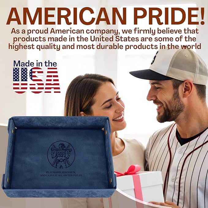 Engraved Baseball Valet Tray–Personalized Leather Catchall with Custom Name–Men’s Nightstand Organizer for Keys, Wallet, Jewelry, and Essentials – Unique Baseball Fan Gift for Home or Office - Blue