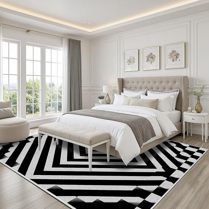 Black and White Rug 8x10, Checkered Soft Thin Indoor Floor Mats Carpet, Non-Slip Stain Resistant Washable Rugs, Modern Rhombus Geometric Rugs for Living Room, Farmhouse Rug