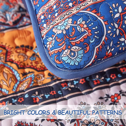 WONGS BEDDING Boho Fall Queen Quilt Set, Blue and Orange Bohemian Queen Quilt Bedding Set, Lightweight Microfiber Bed Decor Bedspread for All Season 96"x90"(3 Pieces)