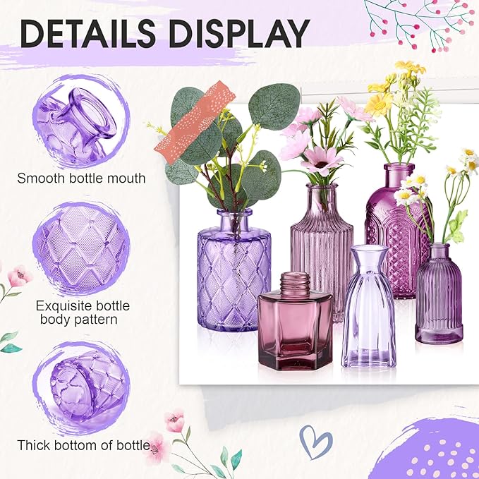 Yaomiao 60 Pcs Vases Bulk Colored Flower Glass Vases Bud Vintage Colored Glass Bottles Colorful Rustic Embossed for Home Wedding Table Decorations Gifts (Pink Series)