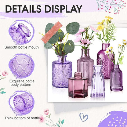 Yaomiao 60 Pcs Vases Bulk Colored Flower Glass Vases Bud Vintage Colored Glass Bottles Colorful Rustic Embossed for Home Wedding Table Decorations Gifts (Pink Series)