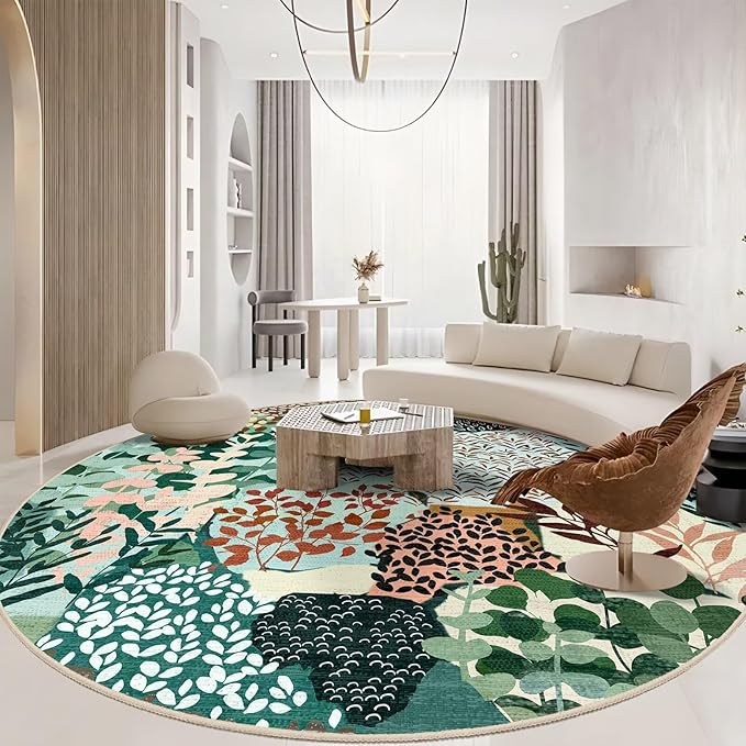 DEXDE Large Round Rug 9ft Washable Circle Area Rugs, Non Slip Low Pile Boho Floral Circular Carpet for Bedroom Bathroom Entryway Kids Room Office Dining Room, Dark Green