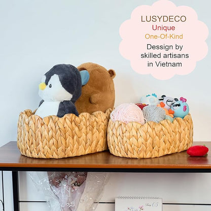 Set of 2 Small Wicker Storage Basket, Oval Water Hyacinth Baskets for Organizing, Scalloped Edge Rattan Basket for Shelf Organizer, Nursery Room
