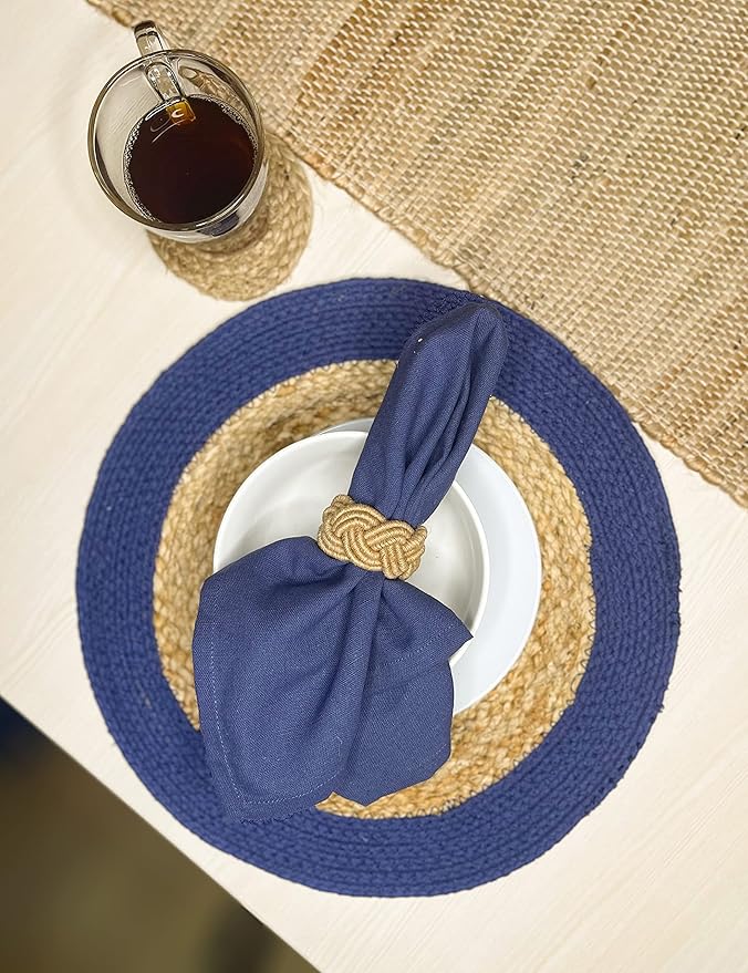 CHARDIN HOME Round Verona Woven Jute & Cotton Braided PLACEMAT (Set of 4), Size -15 inch, Round, Color - Natural Jute with Royal Blue Border