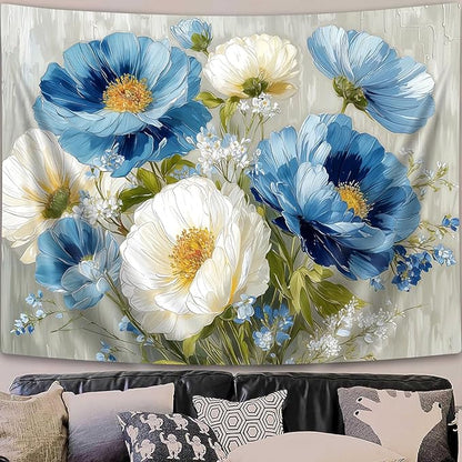 DYNH Blue White Floral Tapestry,Natural Aesthetics Elegant Tapestrie,Modern Flower Painting Wall Hanging,Watercolor Aesthetic Art Decor for Bedroom Living Room Dorm,40X30 In