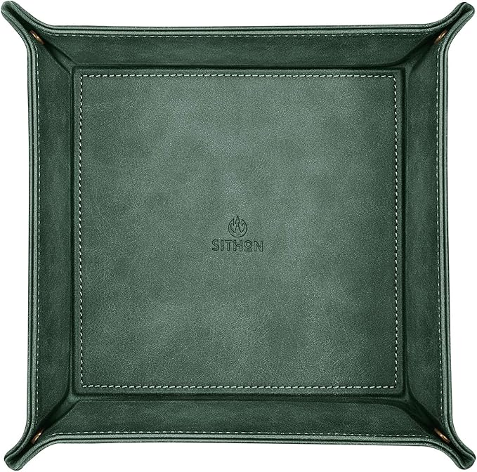 SITHON Valet Tray Desktop Storage Organizer – Premium PU Leather Catchall Bedside Vanity Tray Nightstand Caddy Holder for Remote Controller, Keys, Phone, Wallet, Coin, Jewelry, Dark Green