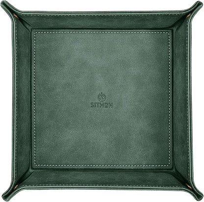 SITHON Valet Tray Desktop Storage Organizer – Premium PU Leather Catchall Bedside Vanity Tray Nightstand Caddy Holder for Remote Controller, Keys, Phone, Wallet, Coin, Jewelry, Dark Green