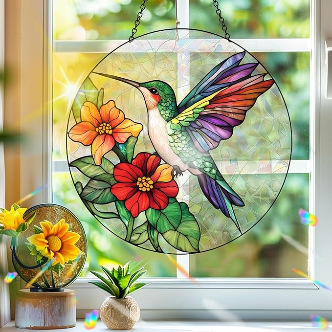Bimkole Hummingbird Sun Catchers Indoor Window - Flowers Acrylic Suncatcher Hanging Decoration for Living Room Bedroom Summer Home Balcony Outdoor Garden Ornaments Decoration 7.8x7.8 Inch
