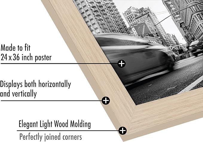 Americanflat 24x36 Poster Frame with Polished Plexiglass - Wide Picture Frames Made of Engineered Wood for Vertical or Horizontal Wall Display - Epic Collection - Light Wood