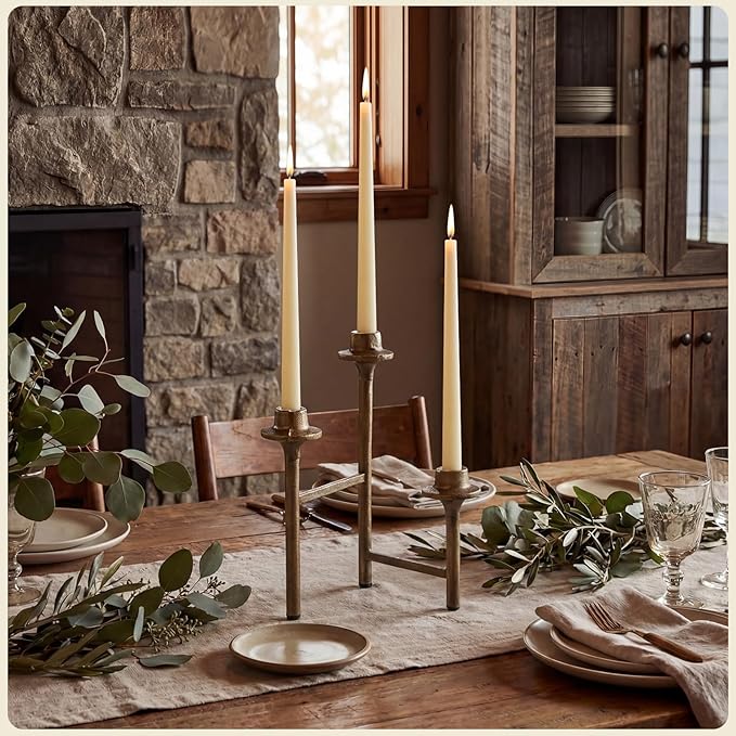 3 Arm Taper Brass Candelabra Vintage Foldable Metal Candle Holder for Fireplace Mantel Entryway Table Home Decor 10.25" H x 14" W x 2.5" D