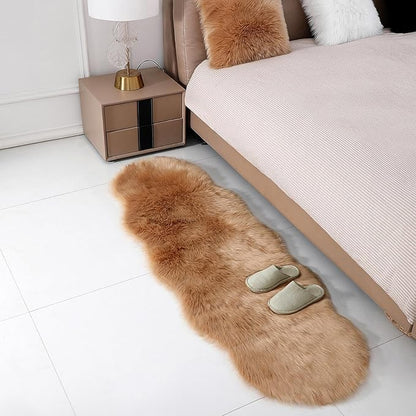 Faux Fur Rug Sheepskin Shag Fluffy Fuzzy Beige 2x6 ft Runner Rugs for Bedroom Bedside Bed Floor Living Room Plush High-Density Cushion Carpet Super Sofa Cover