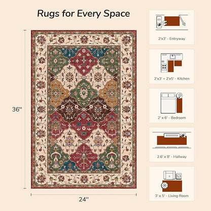 Lessymo Moroccan Washable Rugs for Entryway, Polyester 2x3 Small Area Rug for Kitchen Bathroom Corridor - Non-Slip Indoor Door Mat Low Plie Stain Resistant Boho Runner Rug, Classic Red and Cream