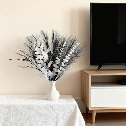 Modern Artificial Flower Arrangement, 17-Inch Black and white Faux Eucalyptus and Grass Bouquet, Minimalist Nordic Home Decor, Suitable for Fireplaces, Dining Tables, offices, (Vase Not Included)