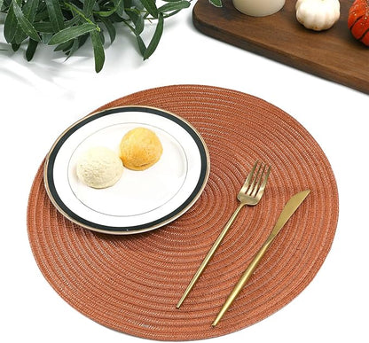 SHACOS Round Placemats Set of 6 Washable 15 inch Round Placemat Cotton Polyester Woven Braided Table Place Mats for Dining Table Decor, Dark Orange