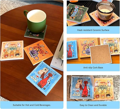 SAMCAM Colorful Art Coasters Set of 4 - Absorbent Ceramic Coasters with Protective Cork Back for Drinks, Cute Table Decor & Gift for Housewarming, 4 Inch