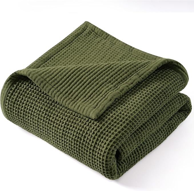 PHF 100% Cotton Waffle & Muslin Blanket Twin Size, Soft Breathable Luxury 400GSM Versatile Reversible Bedding for Bed, Great for Layering in Cold Weather, Home Decor Gift, 66" x 90", Olive Green