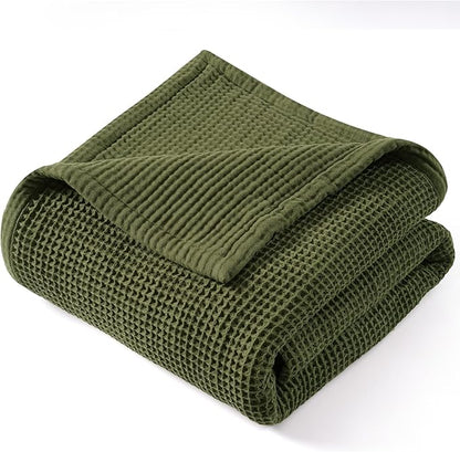 PHF 100% Cotton Waffle & Muslin Blanket Twin Size, Soft Breathable Luxury 400GSM Versatile Reversible Bedding for Bed, Great for Layering in Cold Weather, Home Decor Gift, 66" x 90", Olive Green