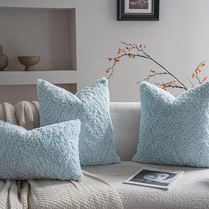 Neelvin Set of 2 Faux Fur Throw Pillow Covers 22x22 Inch Blue Cozy Soft Solid Decorative Pillowcases Thick Plush Sheepskin Cushion Case for Chair and Couch Sofa Bedroom