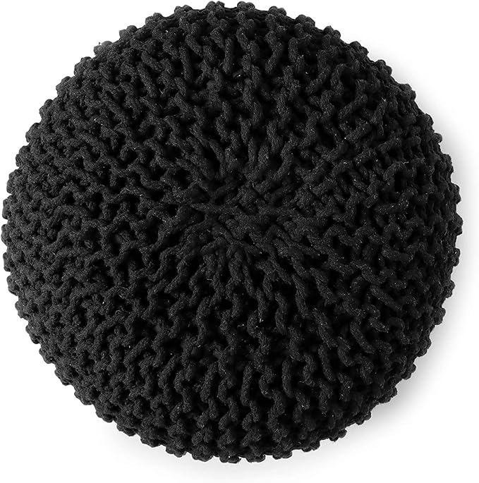 REDEARTH · Round Pouf Ottoman - Hand Knitted Cable Boho Poof Home Décor Pouffe Circular Footrest for Living Room - Nursery - Bedroom - Lounge 100% Cotton (19.5"x19.5"x14") - Black, Set of 2