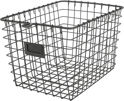 Spectrum Small Wire Basket with Label Plate Industrial Gray Square Wire Storage Basket for Kitchen Bathroom Laundry Pantry Closet Toy Under Sink Organization, Small Wire Basket Organizer for Storage