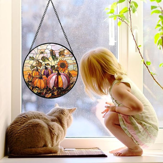 DASTOLL Stained Glass Window Hanging, Pumpkin Sunflower Suncatcher Diamond Glass Panel Sun Catchers Decor for Birthday for Women, Men, Wife, Aunt, and Mom 9.8 in