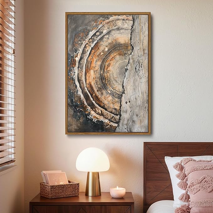 IBHJSART Framed Tree Ring Canvas Wall Art Vintage Colorful Wood Stump Painting Prints Modern Minimalist Pictures Neutral Nature Rustic Farmhouse Decor Living Room Bedroom Bathroom Office