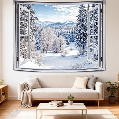 Lifeel Winter Snowy Scenic Tapestry, Forest Nature Landscape Window Tapestries, Living Room Dorm Bedroom Wall Decor White, 60x80 inches