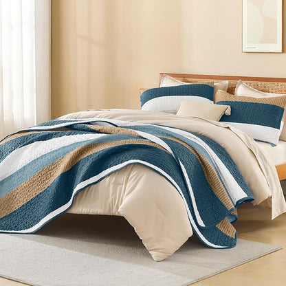 Litanika California King Quilt Set FBird,Stripe Patchwork Summer Bedspread Coverlet, Soft Lightweight Microfiber Quilt Bedding Set for All Season(1 Quilt, 2 Pillowcases)