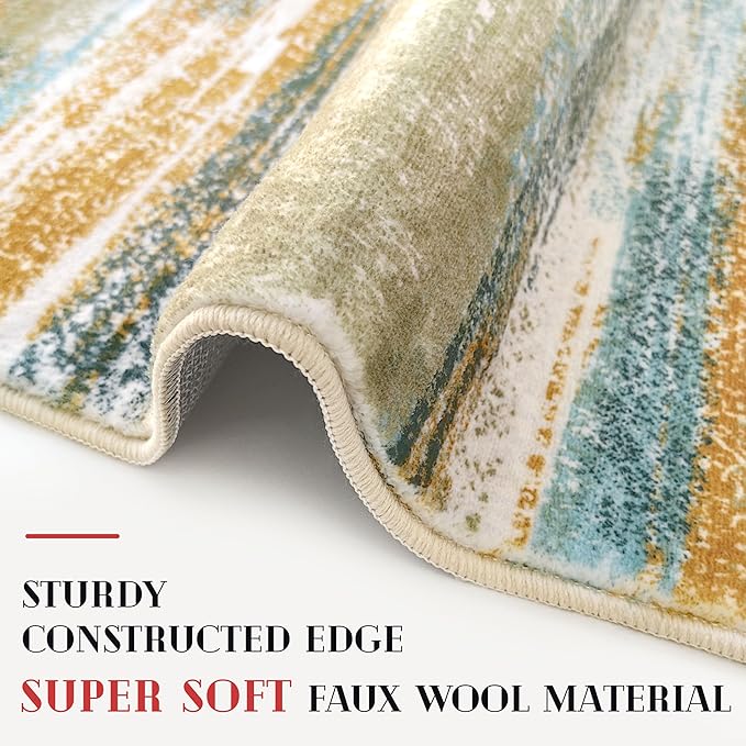 Modern Abstract 8x10 Large Machine Washable Living Room Rug Non-Slip Soft Bedroom Area Rug Green Mustard Multi Ultra Thin Print Faux Wool Carpet Throw Rugs for Playroom Dining Room Indoor
