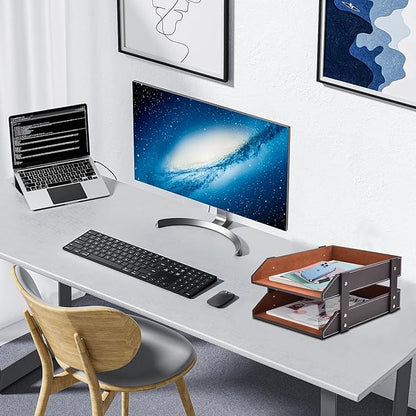 Leather Desk Organizer,2-Tier Stackable Letter Tray Holder,Office Supplies Desktop Storage Box for Document,Stationery,Magazines,Newspapers,Letters and Other Home Office Paper Sundries,Coffee