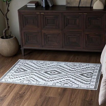 Moroccan Washable Area Rug 3x5, Geometric Tribal Decorative Woven Rug, Non-Slip Boho Farmhouse Soft Low-Pile Area Rug for Living Room Bedroom Nursery Dining Table, Dark Brown/White