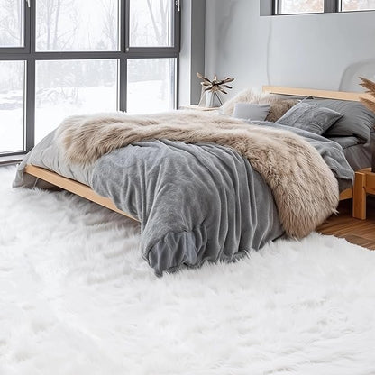 Super Area Rugs 5X7 White Shaggy Rug for Bedroom - Faux Fur Fluffy Carpet - Bright White Color for Living Room - Machine Washable Easy Care & Soft Feel
