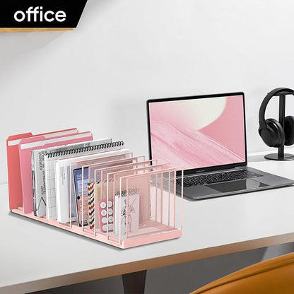 9-Section Desk File Organizer, Vertical File Holder, Mesh Desktop File Folder Metal File Organizer Stand for Office Home Classroom, Pink