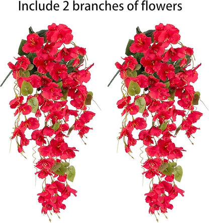 Fake Hibiscus Artificial Hanging Flowers Plants for Outdoors Spring Decoration, 2pcs Silk Hibiscus Vines Realistic UV Resistant Red Faux Flowers for Outside Planter Porch Patio Yard Home Wedding Party