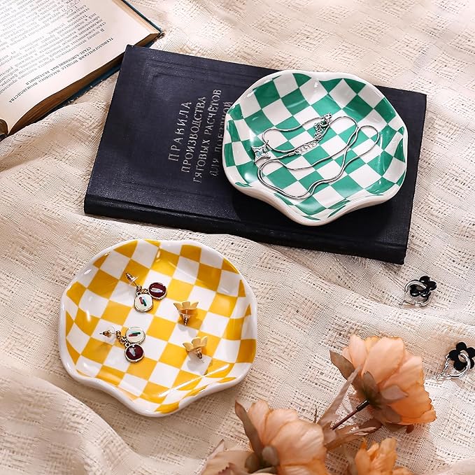 Koythin Ceramic Jewelry Tray, Checkered Pattern Aesthetic Decorative Trinket Dish for Rings, Earrings Necklaces Bracelet Watch Holder, Small Key Bowl, Birthday Mother's Day for Women (Orange)