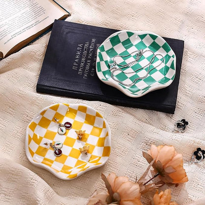 Koythin Ceramic Jewelry Tray, Checkered Pattern Aesthetic Decorative Trinket Dish for Rings, Earrings Necklaces Bracelet Watch Holder, Small Key Bowl, Birthday Mother's Day for Women (Orange)