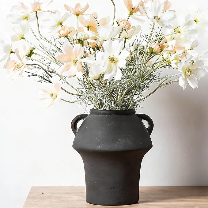 Black Vases Home Decor - Ceramic Vase for Flowers - Decorative Vase with Handle - Unique Fall Vase for Centerpieces, Farmhouse Vintage House for Pampas Grass